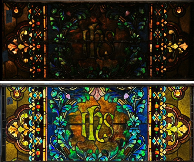 A panel from the Jeweled window before and after restoration